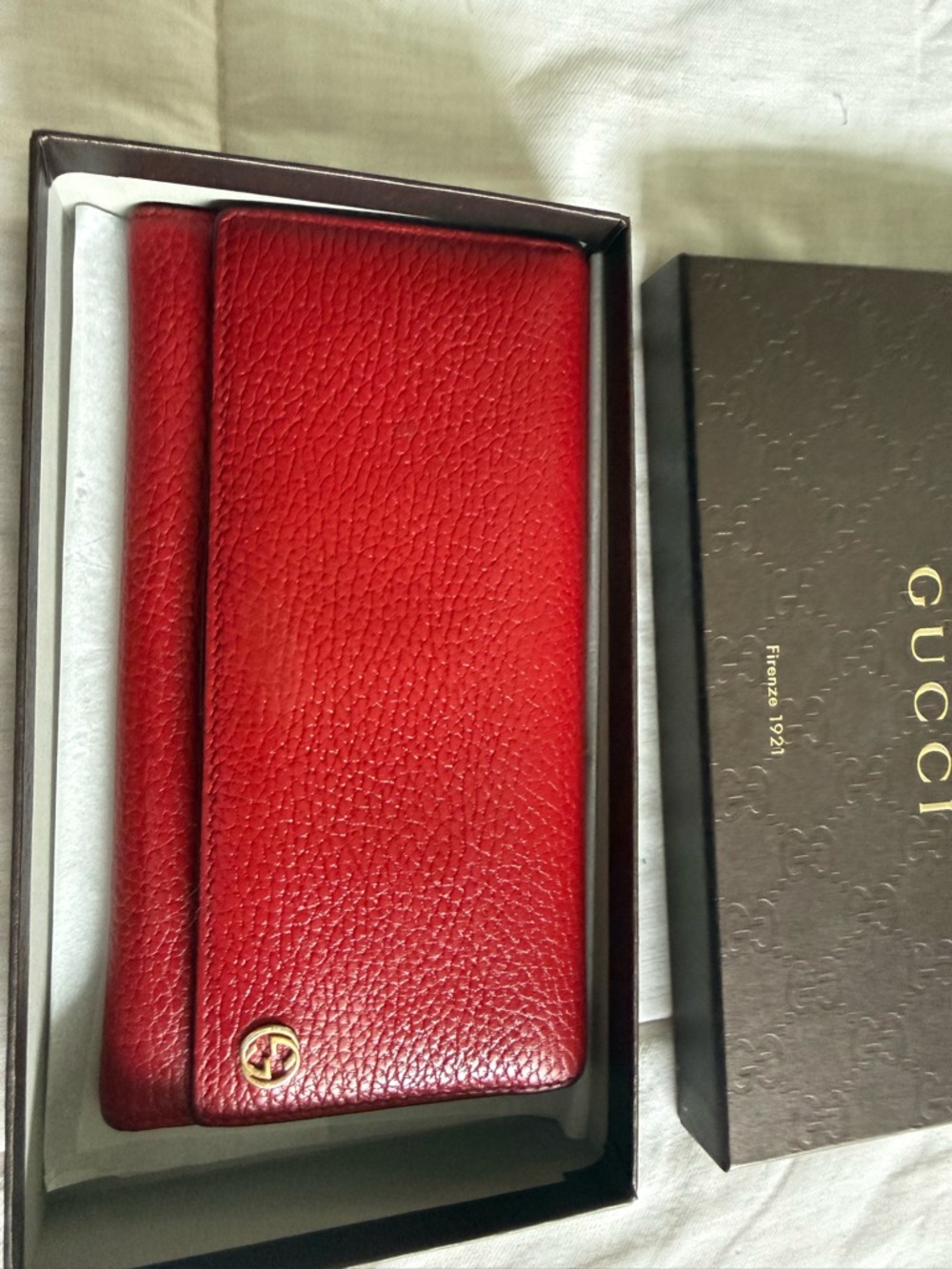 Gucci Red Textured Leather Long Wallet with Gold GG Accent